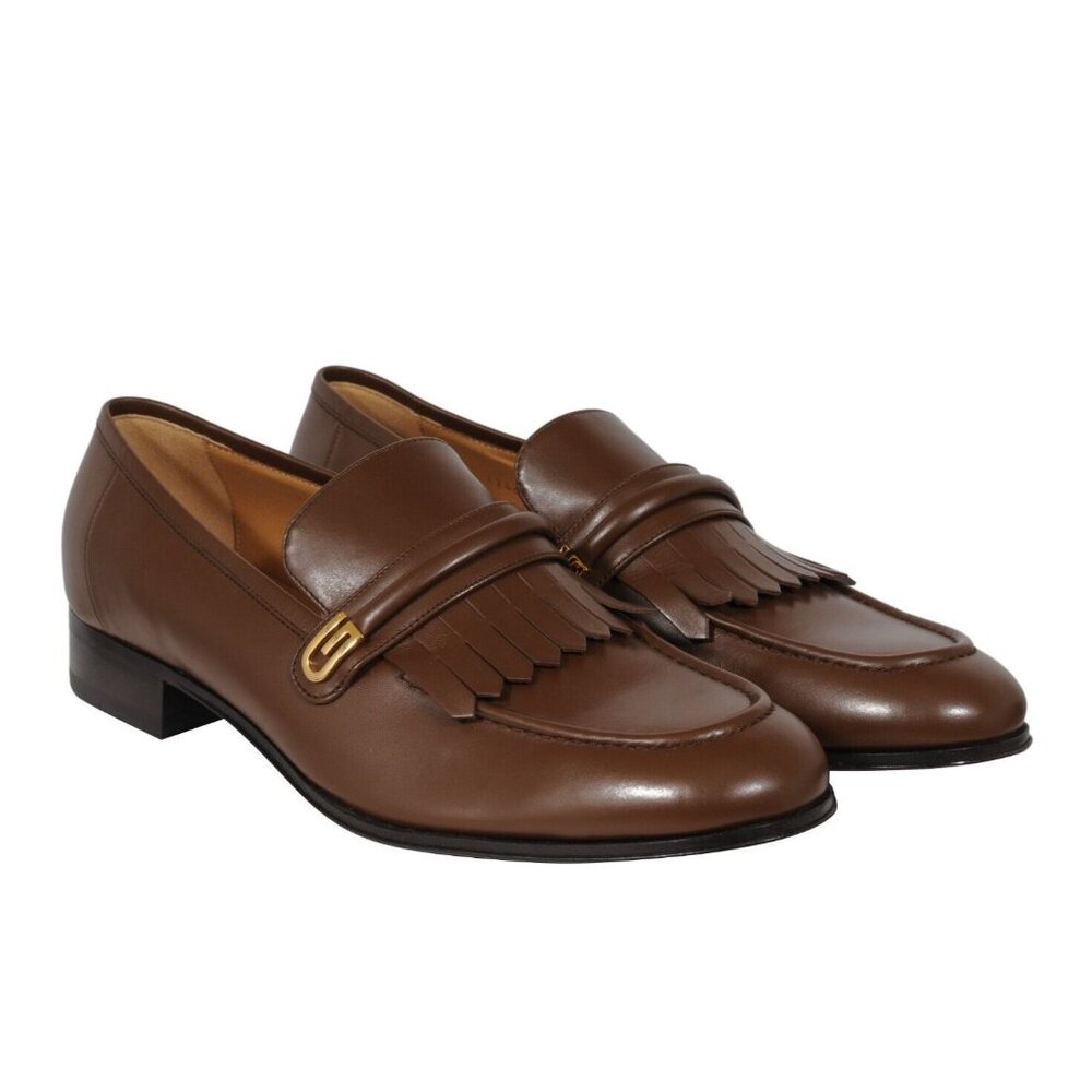 Gucci Mens Mirrored G Fringe Loafers Size US 12.5 UK 11.5 Brown Leather Slip On